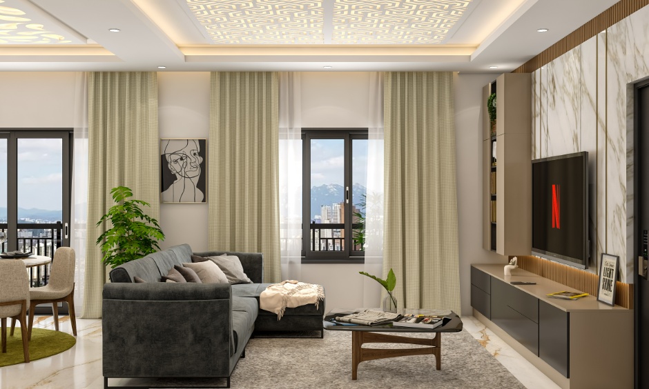 Marble-finish TV panel design for a large living room, suited to luxury interiors with a higher budget.