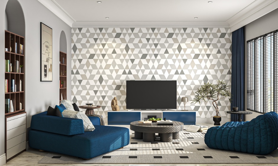 Bold-coloured simple TV unit for a hall that is budget-friendly but lacks the visual impact of a full panel.
