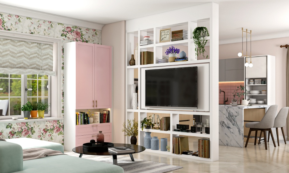 Wall-mounted TV panel with shelving and backlit accents, showing why it is popular in modern living rooms.