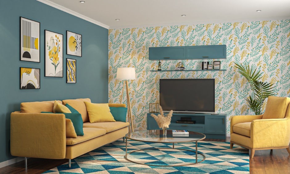 Simple TV unit paired with a yellow sofa, representing an easy-to-install and low-maintenance furniture setup.