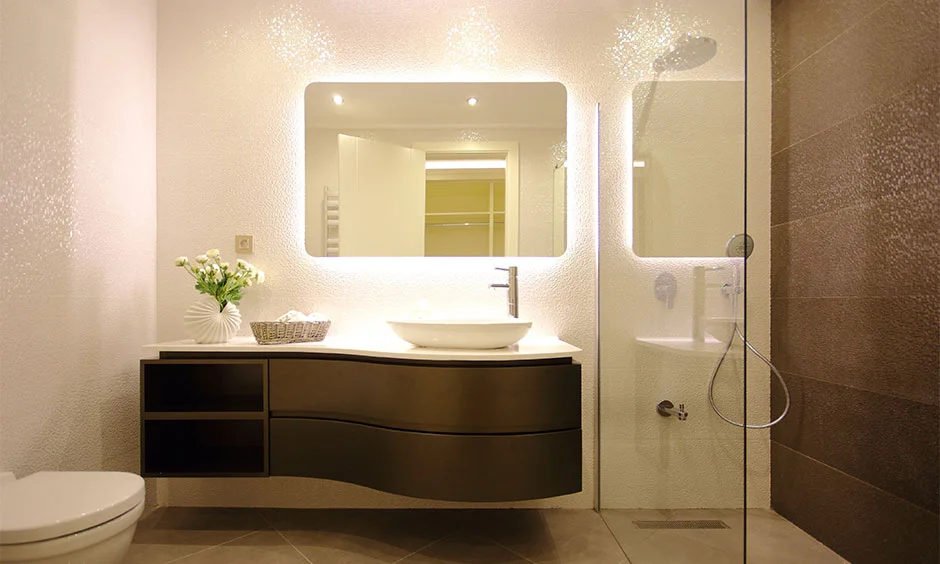 Sleek wall-mounted bathroom cabinet with curved storage for a spacious modern bathroom.