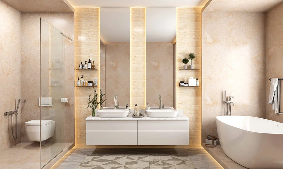 Wooden freestanding bathroom cabinets add warm storage to a vintage-style bathroom.