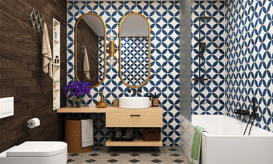 Mounted wall vanity with open and closed storage in a Moroccan-style bathroom.
