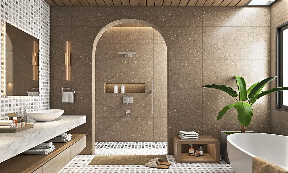 Luxury bathroom cabinet with drawers and open storage for organised daily essentials.