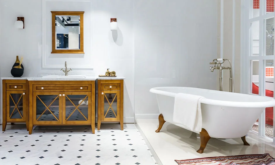 Floating bathroom cabinet with soft lighting creates a spacious spa-like bathroom feel.