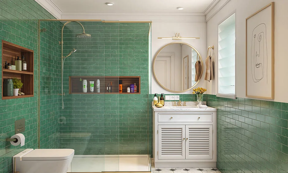 White wall-hanging bathroom cabinet keeps this modern bathroom bright and uncluttered.
