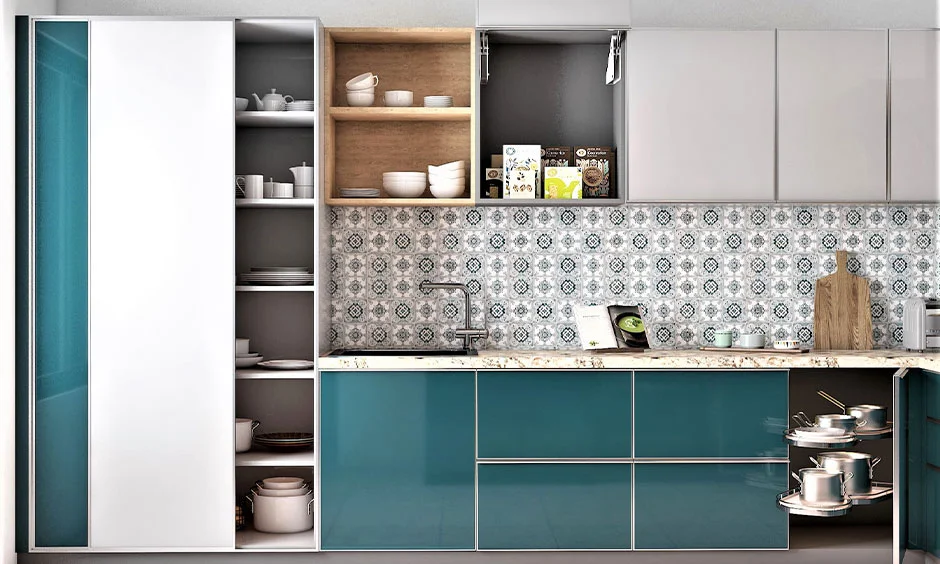 Smart modular cabinets keep sleek kitchen interiors organised and clutter free.