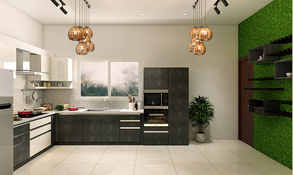 Layered lighting enhances depth and warmth in this sleek modular kitchen.