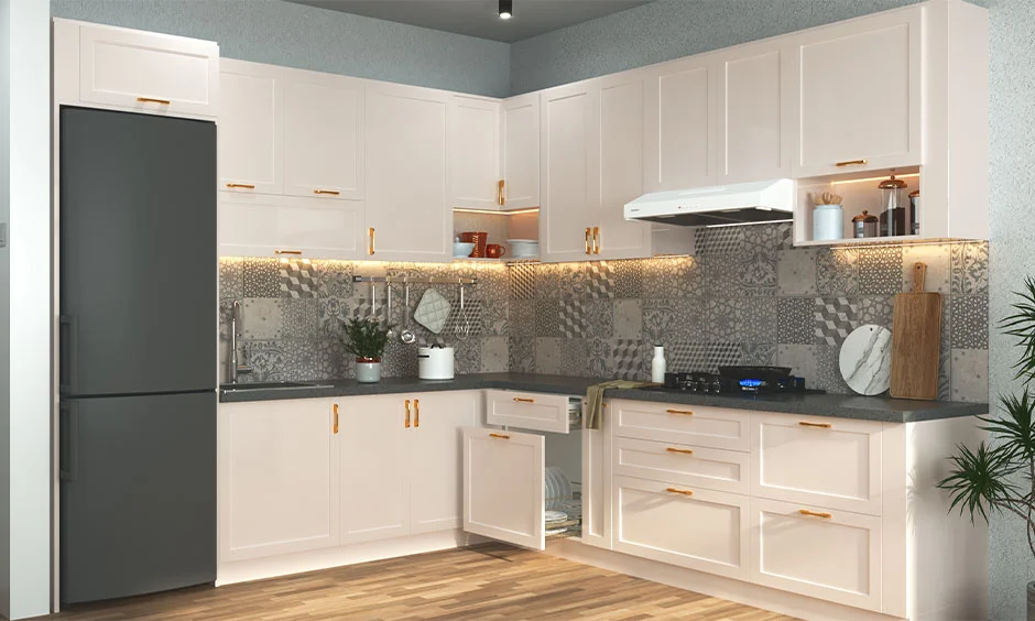 Poorly planned corner drawers disrupt movement in this sleek kitchen interior.