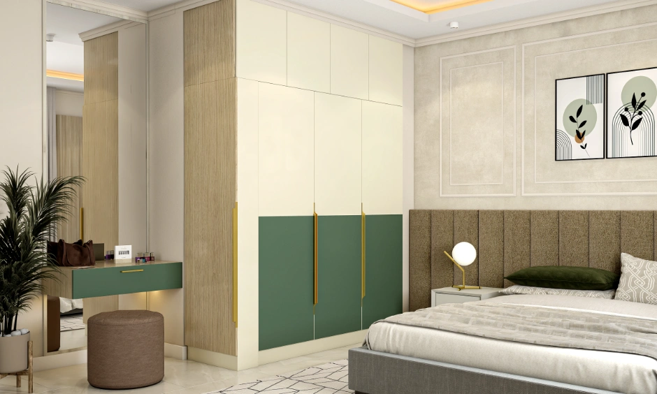 Earthy bedroom with sage green and cream modular wardrobe, floating vanity and upholstered headboard.