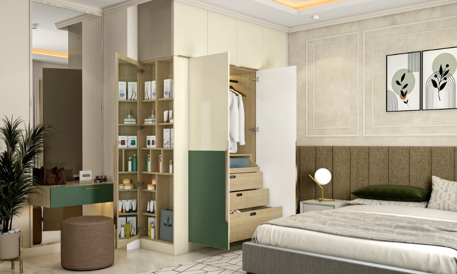 Open modular wardrobe showing internal tiered drawers and a concealed door shelf storage system.