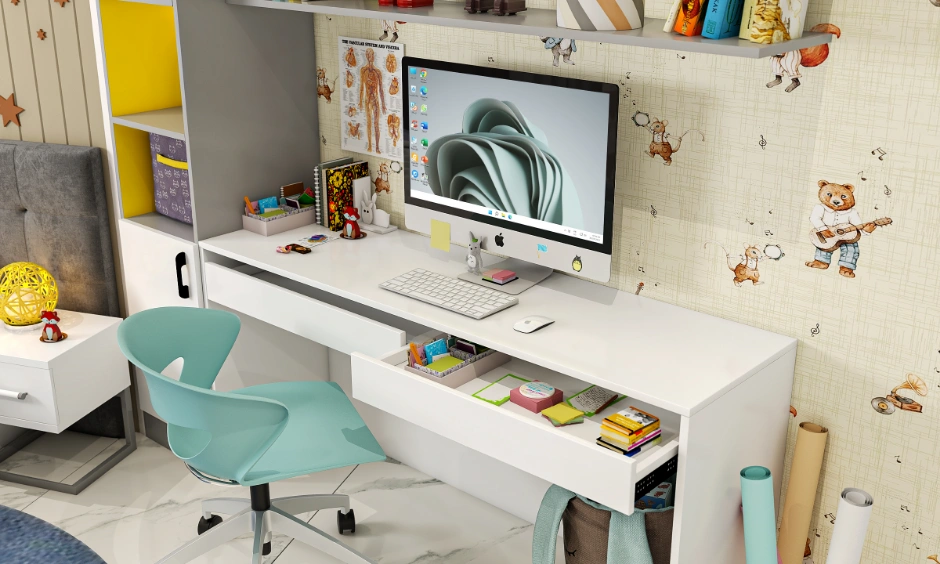 Kids study corner with drawer desk, open cubby storage, wall shelves and ergonomic chair.