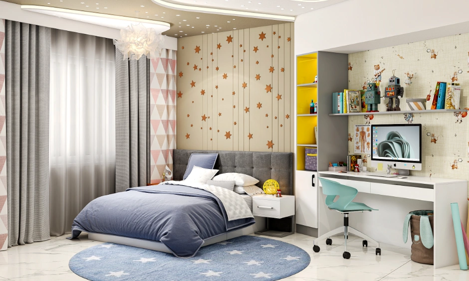 Modern kids bedroom with upholstered bed, study desk, open shelving and playful star-pattern wall.