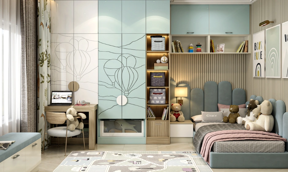 Pastel kids bedroom with upholstered bed, study desk, dual-tone wardrobe and open shelving.