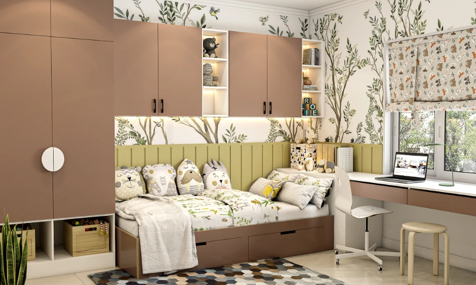 Nature-inspired kids bedroom with botanical wallpaper, brown overhead cabinets, single bed, and study desk.