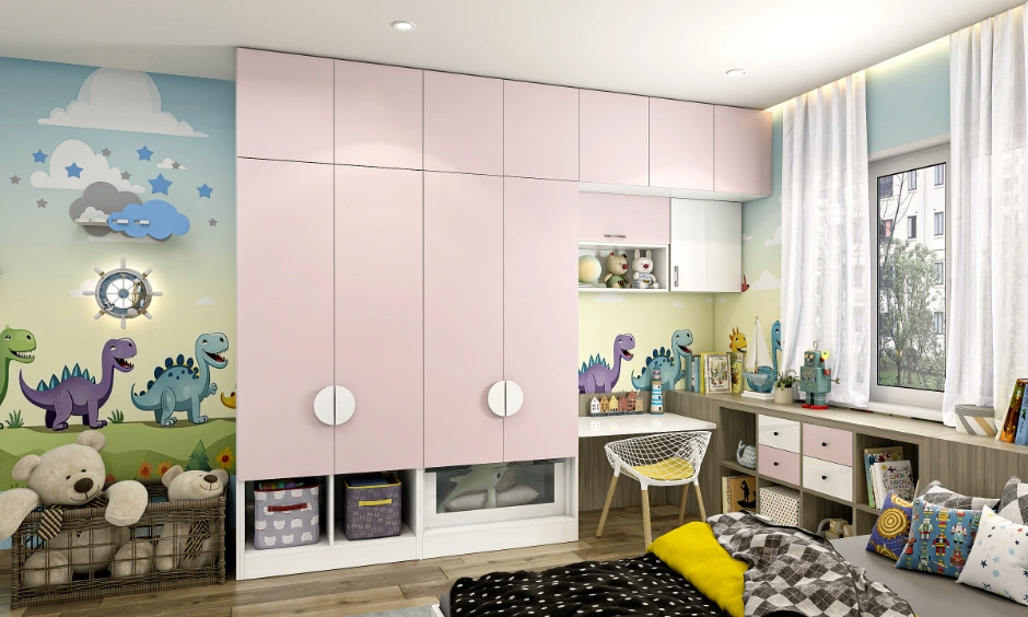 Pastel kids bedroom with a dinosaur wallpaper theme, light pink wardrobe, study desk, and mesh chair.