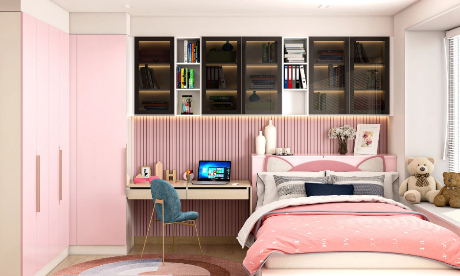 Blush pink kids bedroom overview featuring a cat-ear bed, sleek study desk, and built-in wardrobes.
