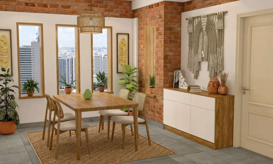 Dining space with wooden furniture, exposed brick wall, cane chairs, jute rug, and indoor plants showing eco-friendly materials Bangalore homes can use