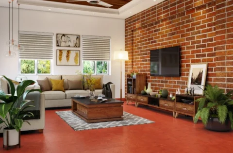 Living room with exposed brick wall and wooden furniture showcasing sustainable materials for Bangalore climate