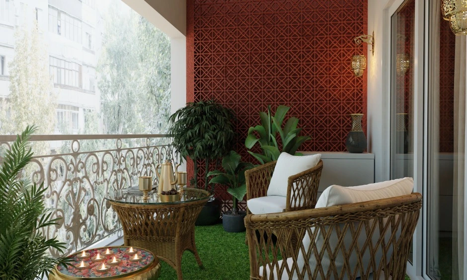Balcony with cane furniture, terracotta wall tiles, indoor plants and natural textures showing eco-friendly interior materials India for Bangalore homes