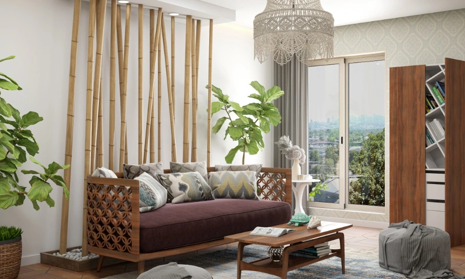 Living room with bamboo partition, wooden furniture, indoor plants and natural textures showing sustainable interior design materials for Bangalore homes