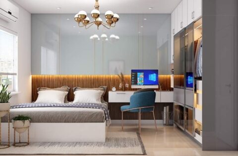Minimalist bedroom styled with a subtle queen-size bed that balances the busy aesthetic of the room layout.