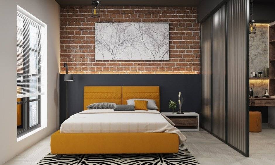 Multi-functional bed design functioning as a flexible, space-efficient solution inside a small bedroom layout.