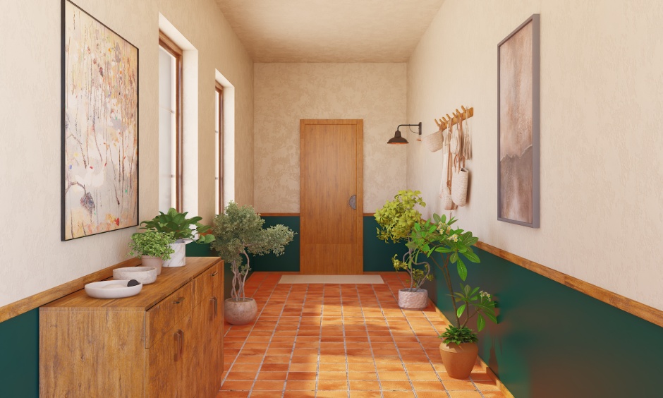 Terracotta wall tiles adding warmth and texture in a modern interior.