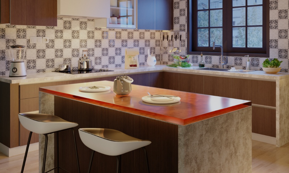 Wood-finish cabinets and an orange countertop demonstrating warm earthy kitchen design.