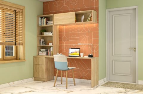 Warm earthy tones in interior design with a brick accent wall, beige seating and natural wood finishes.