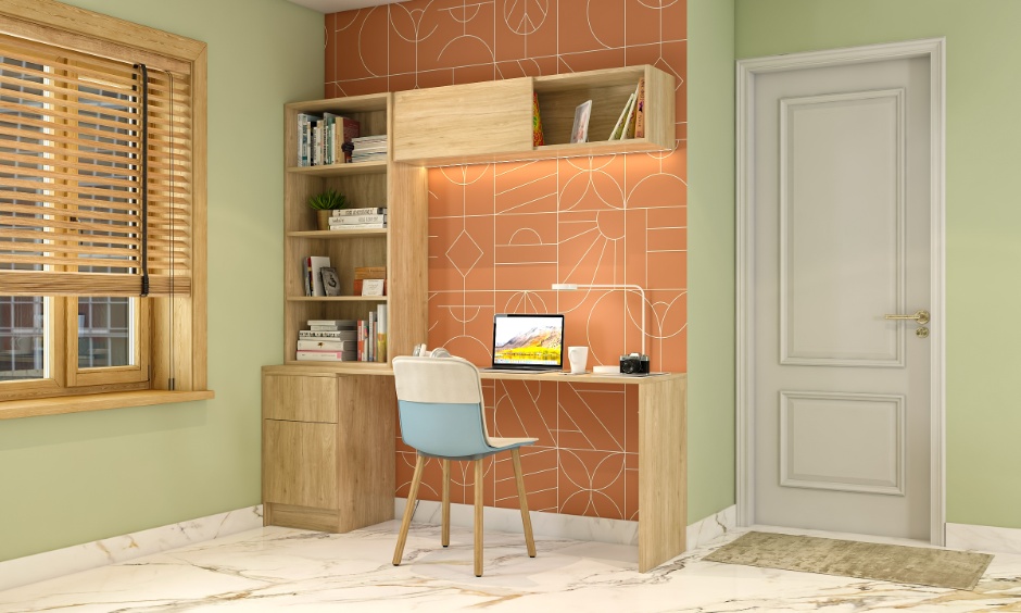 Warm earthy tones in interior design with a brick accent wall, beige seating and natural wood finishes.