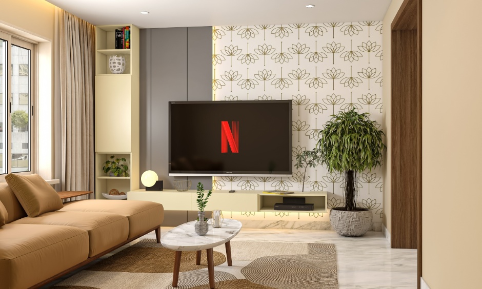 Room with warm lighting and earthy flooring illustrating the effect of warm tones in interior design.