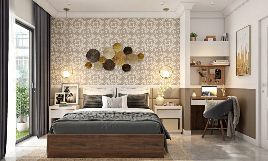 A compact bedroom design in brown and grey hues featuring a glass door