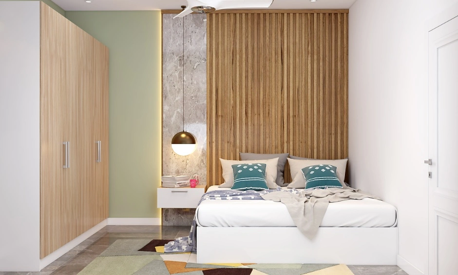 A bedroom design featuring a drop pendant light for maximising space-saving