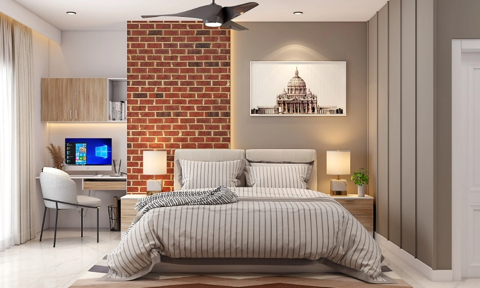 Stylish bedroom design with a brick accent wall, compact study area, and layered lighting