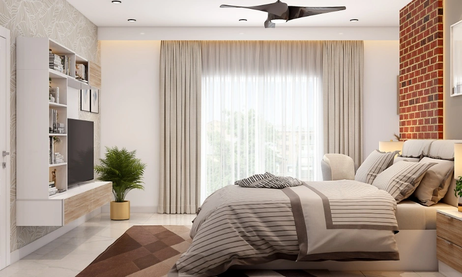 Bright contemporary bedroom design with built-in storage, large windows, and neutral décor
