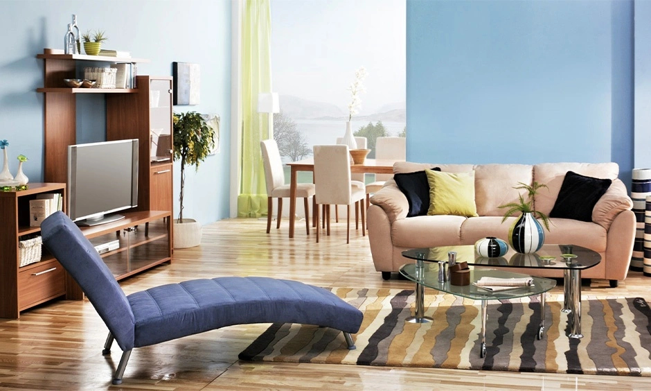 Blue recliner upholstery adds comfort while complementing contemporary living room décor.
