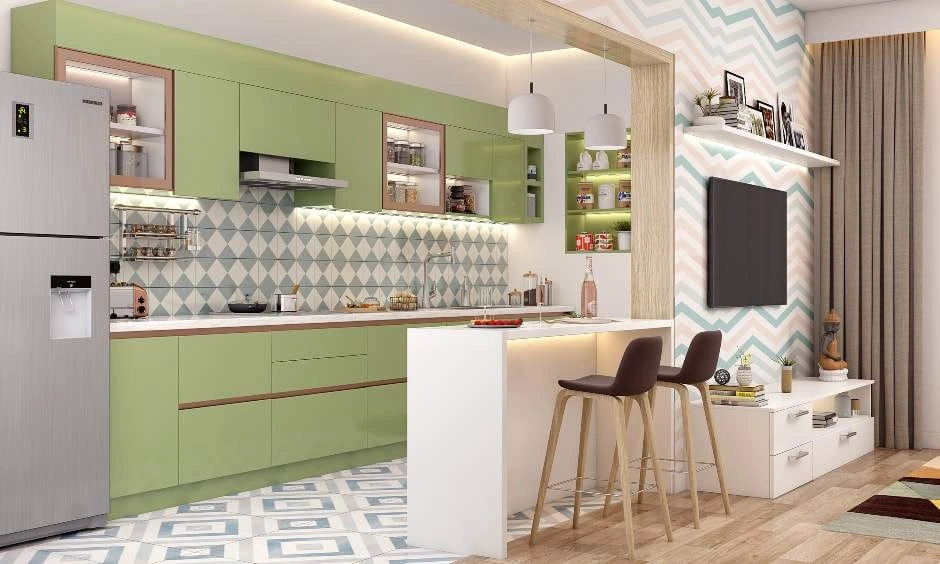 Modular kitchen design in Delhi featuring a breakfast counter, which has an amazing finish