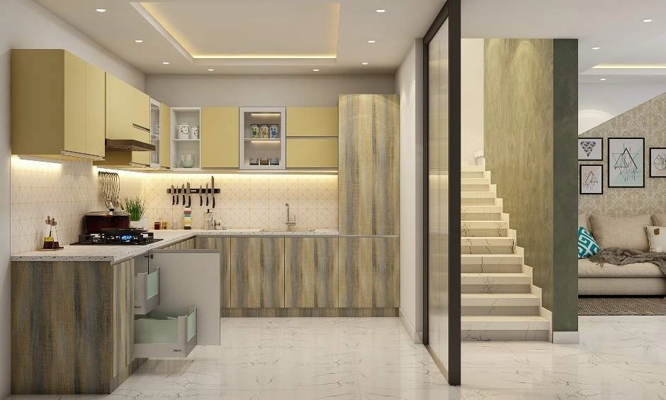 A modular kitchen design in Delhi, with a rustic touch, which gives an earthy vibe