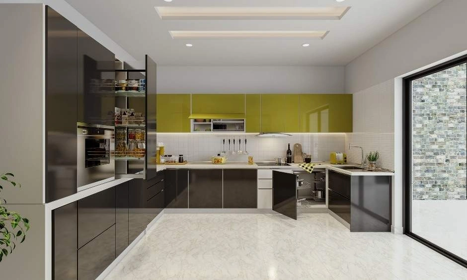 Modern L-shaped modular kitchen with glossy cabinets and a magic corner