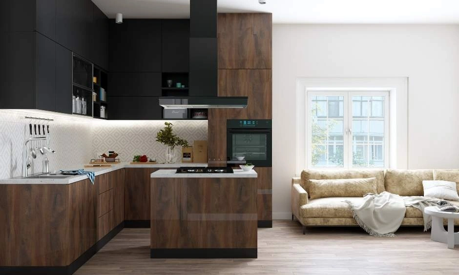 A modular kitchen design in Delhi featuring a rustic-style kitchen island for a contemporary look