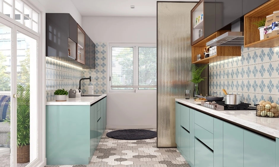 Grey and baby blue parallel modular kitchen design in Delhi, which adds elegance to the space