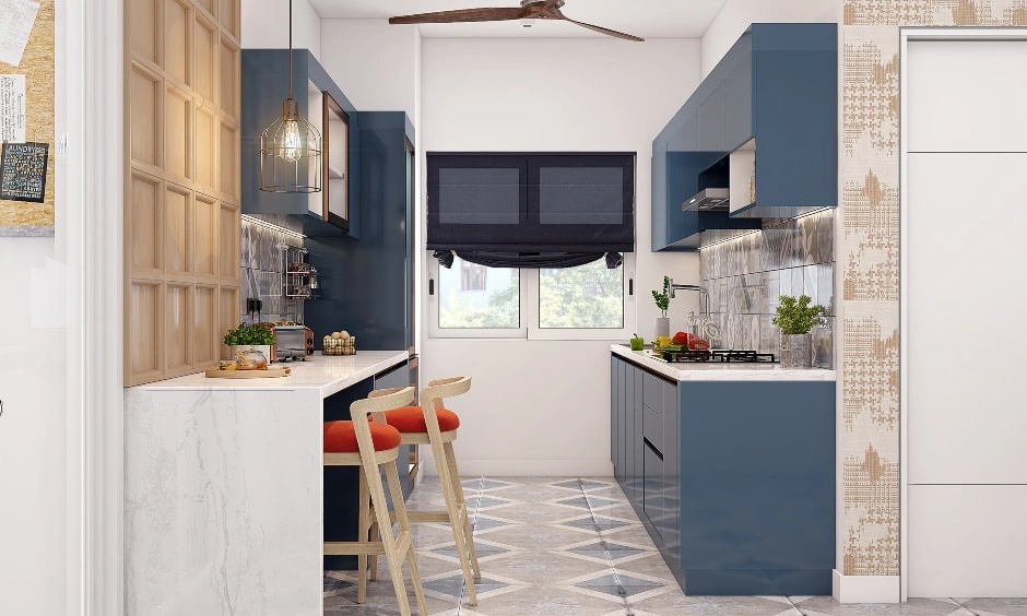 Compact modular kitchen design in Delhi in blue and white colour