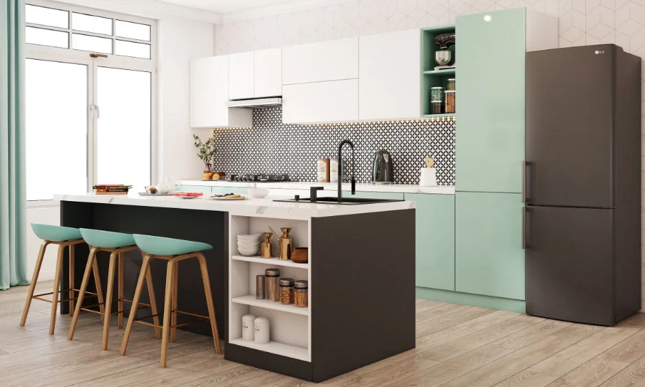 A sleek and modern  kitchen island design setup for entertaining guests in your home