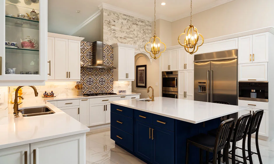 A chic kitchen island with additional prep space and seating, highlighting an alternative to a kitchen island