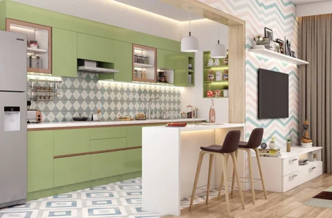 Contemporary kitchen peninsula layout highlighting space-saving benefits over a kitchen island
