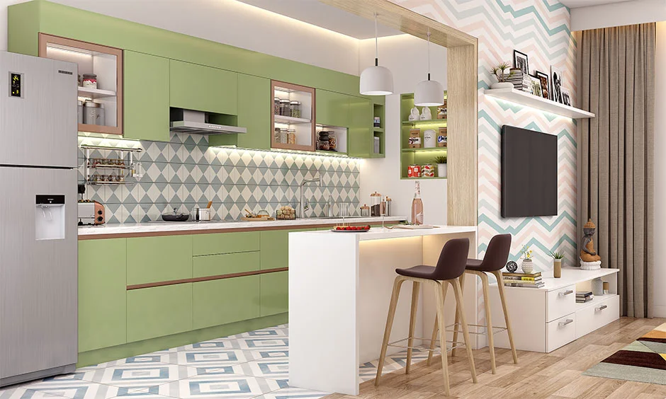 Contemporary kitchen peninsula layout highlighting space-saving benefits over a kitchen island
