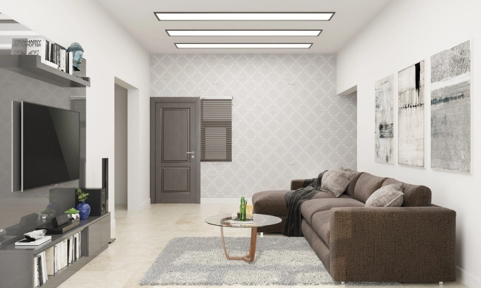 Glass elements and false ceilings help create an airy and open living room feel.