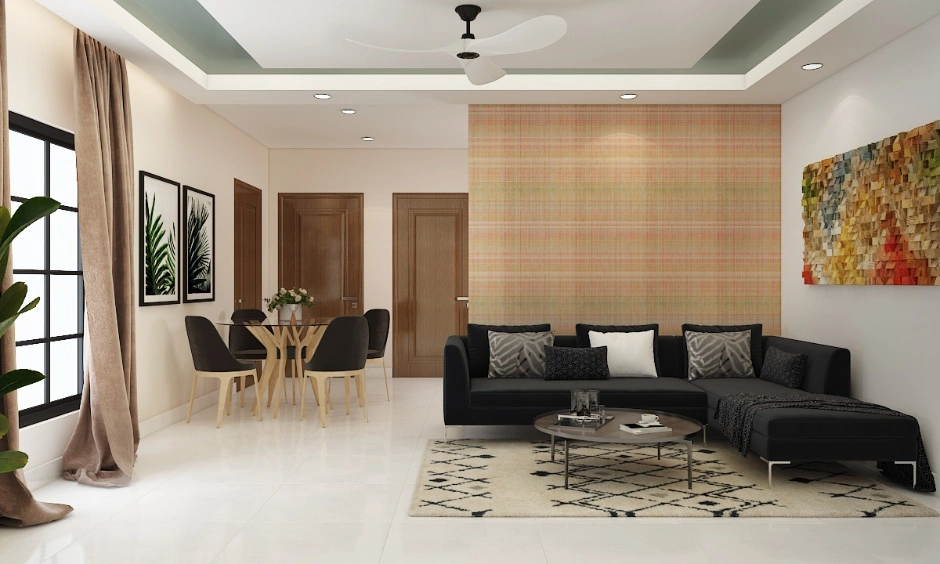 Floating island ceiling creates a striking focal point above the seating area.