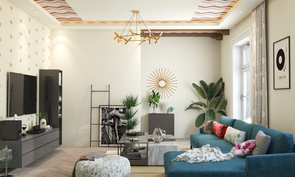 Painted ceiling accents introduce colour and personality to a small living room.